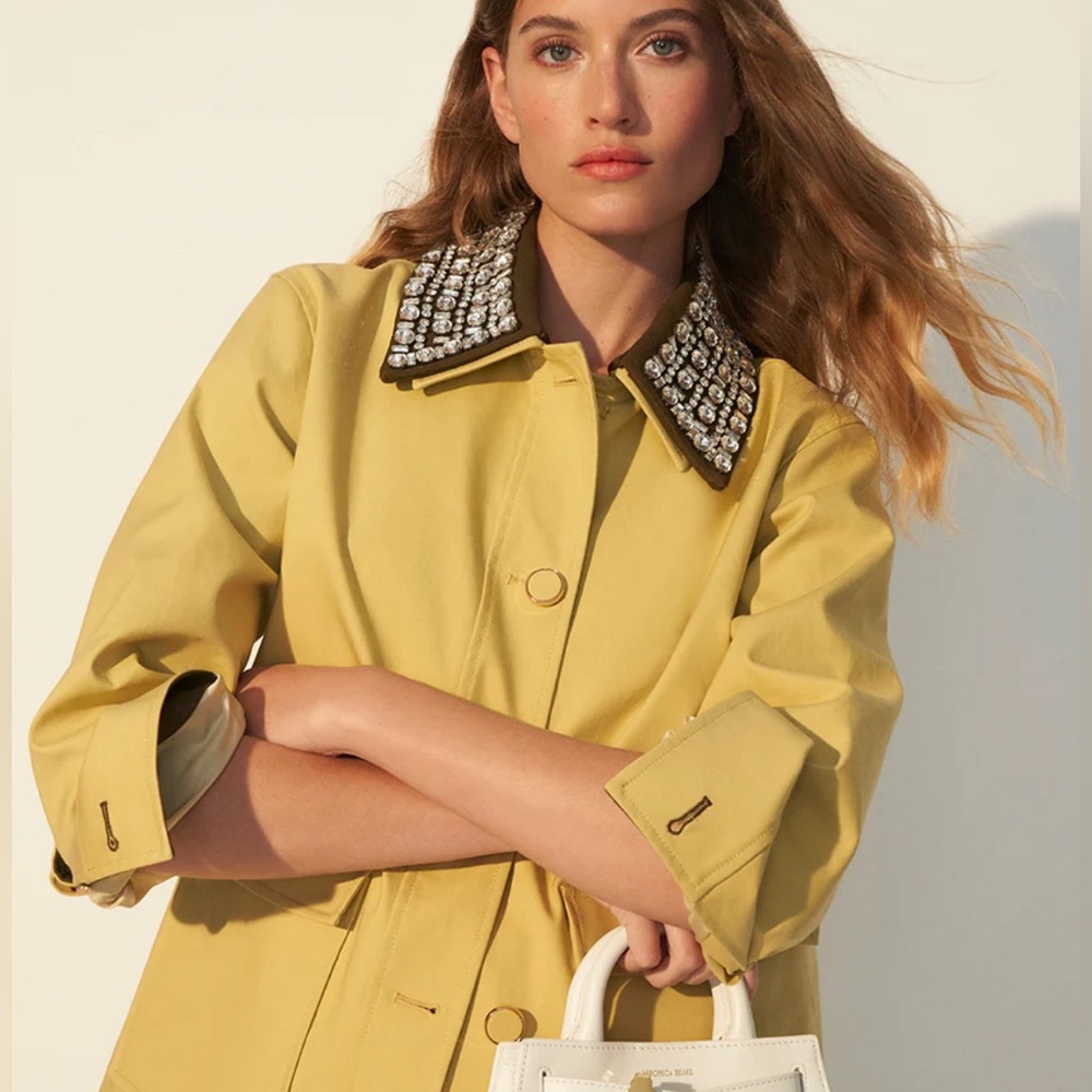 Veronica Beard Yellow barn jacket with Embellished Collar